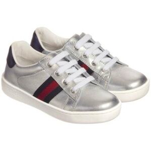 Gucci Kids Silver Lace-Up Sneakers with Navy & Red Stripe